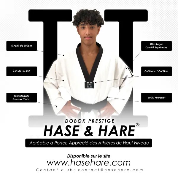 Le nouveau DOBOK PRESTIGE par Hase & Hare®. Tenue, uniforme, Dobok pour enfants, adolescents et adultes. Le nouveau DOBOK PRESTIGE par Hase & Hare® incarne l’élégance et l’agilité. Agréable à porter, la tenue de #Taekwondo Hase & Hare® est appréciée par les enfants, les adolescents, les adultes et les athlètes de haut niveau.