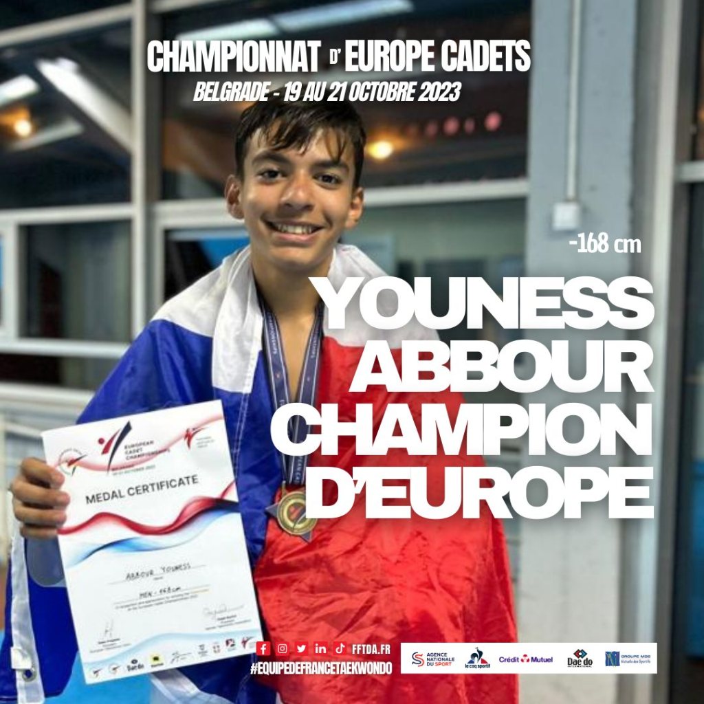 Il l’a fait!!!! Notre athlète «Youness Abbour» est champion d’Europe de Taekwondo. Nice, FFTDA.