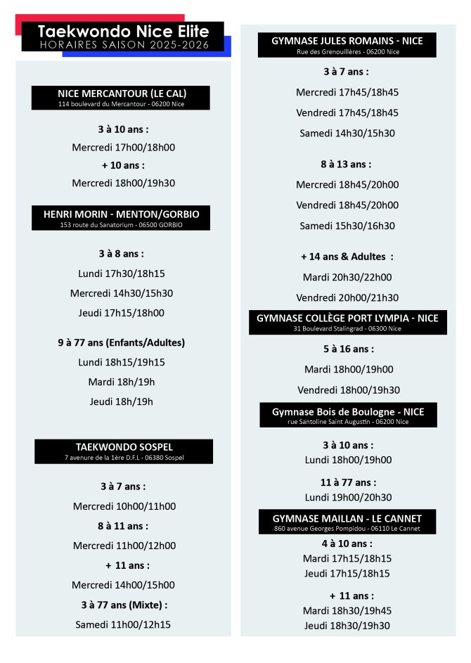 Horaires club de Taekwondo Nice Elite